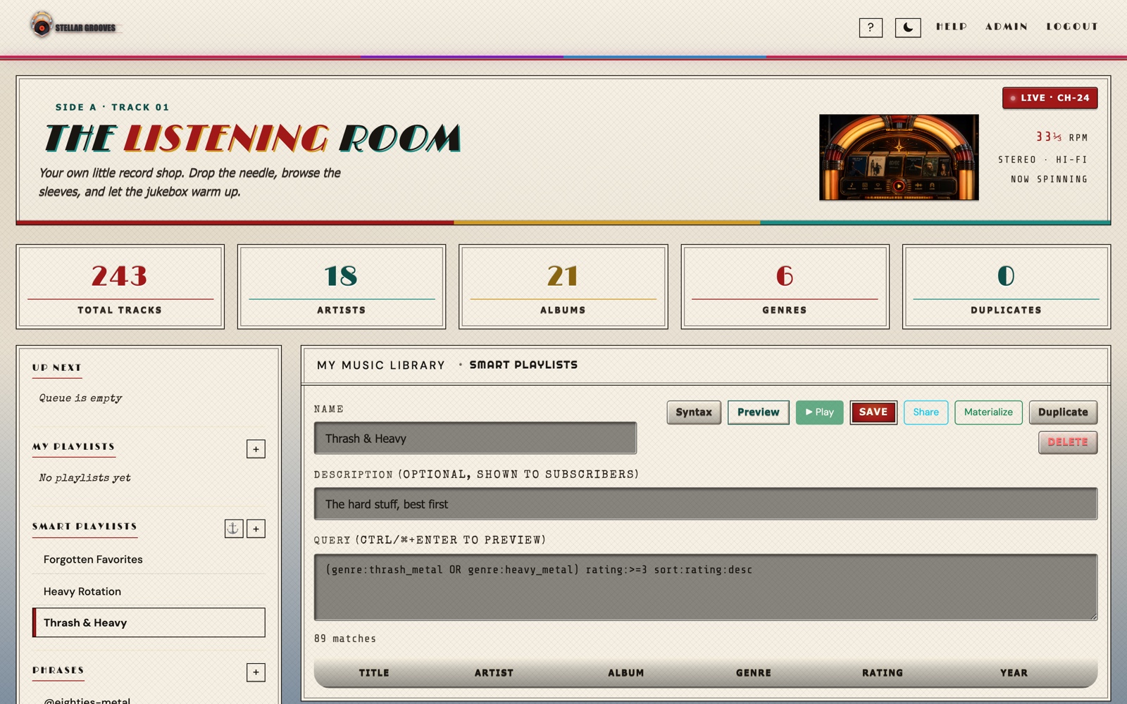 Smart playlist editor with live match count